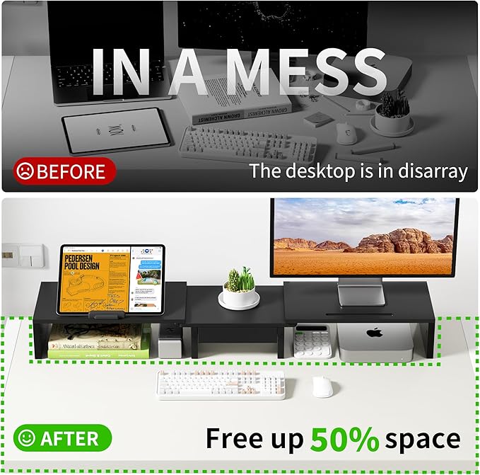 Dual Monitor Stand Riser - Computer Monitor Stand for 2 Monitors，Office Desktop Organizer，Adjustable Length and Angle 3 Shelf with Storage Drawer Phone Holder for Monitors and Laptops-Black