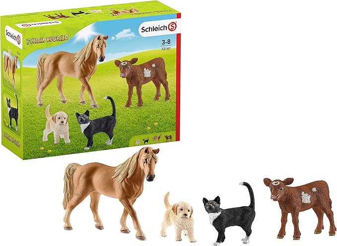 Schleich Farm World Starter Playset, Farm Playset Gifts for Toddlers and Kids with Cat, Horse, Puppy, and Cow 4-Piece Set, Ages 3+
