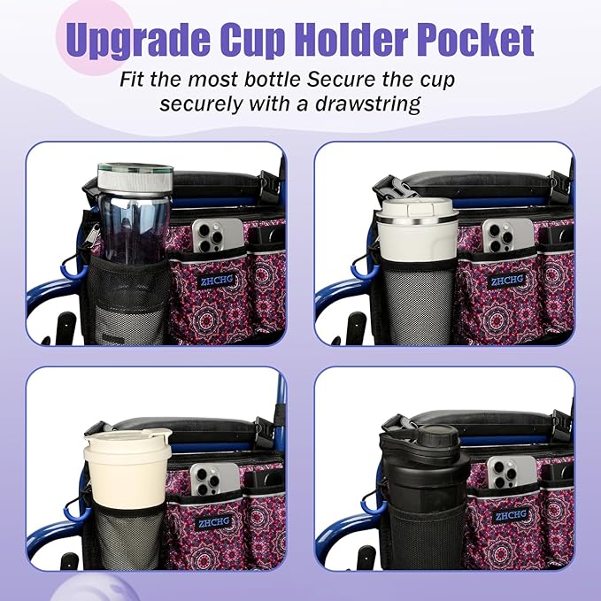 Wheelchair Side Bag, Wheelchair Armrest Pouch Accessories with Cup Holder, Storage Bag for Walker, Rollator, Electric Scooter Wheelchairs, Ideal Gift for Mother's Day & Father's Day, Red