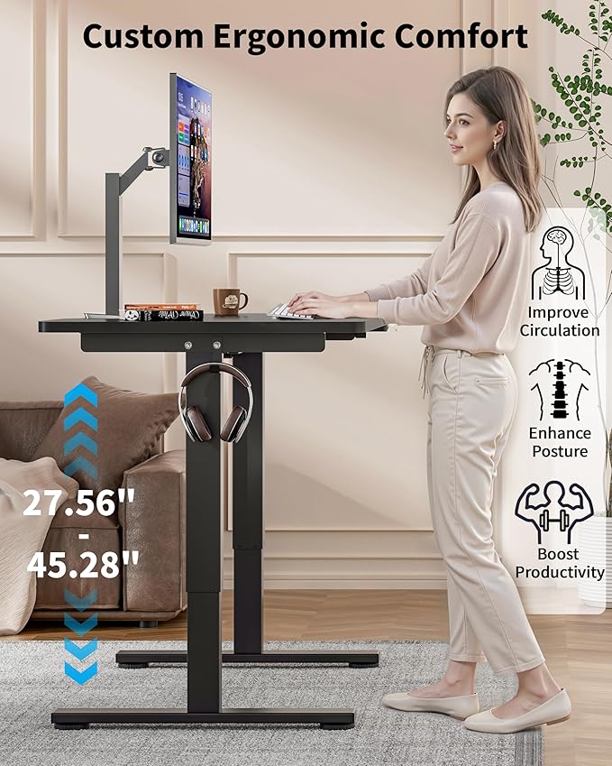 Okin Electric Standing Desk, 40 x 24 Inches Whole Piece Height Adjustable Desk, Black Sit to Stand Desks Computer Workstation with Wheels for Home Office
