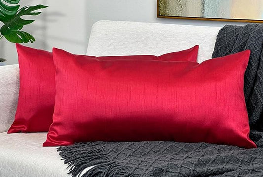 Aiking Home 12x24 Inches Faux Silk Rectangular Throw Pillow Cover, Zipper Closure, Red (Set of 2)