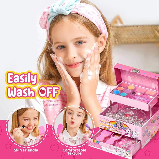 Kids Makeup Kit for Girls, Real Washable Cosmetic Set with Mirror, Jewelry Bracelet Making Kit for Kids Makeup Toy, Kids Makeup Sets for Girls 4 5 6 7 8 9 10 11 12 Years Old Kid (Pink)