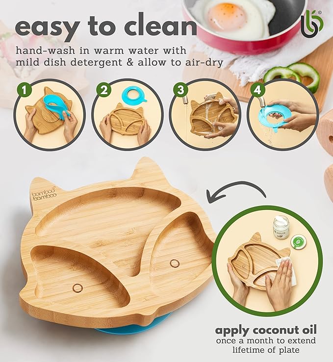 Bamboo Baby Plate with Suction - Kids and Toddler Suction Cup Plate for Babies, Non-toxic All-Natural Bamboo Baby Food Plate Stays Cool to the Touch for Baby-Led Weaning (Fox-Cherry)