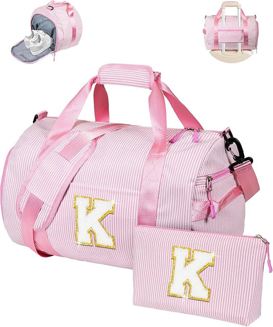 Gift for 5 6 7 8 9 Year Old Girl, Girls Travel Duffle Bag, Kids Initial Overnight Bags with Shoe Compartment, Personalized Weekender Bag with Makeup Pouch, Dance Recital Gifts (Letter K)