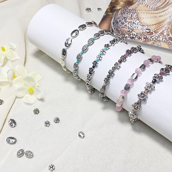 Flat Beads for Jewelry Making Supplies for Adults Small Seed Beads for Necklace Earring Bead Bracelet Making Kit Beads Bulk Tibetan Silver Spacer Beads for Jewelry Making 240pcs Silver Jewelry Set