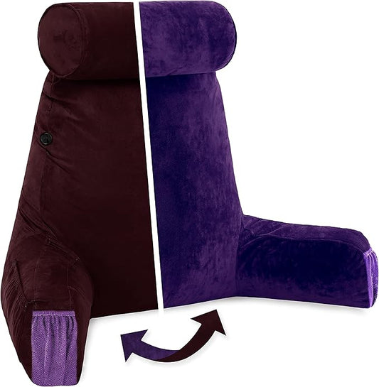 Husband Pillow Medium Aspen Edition Mauve Purple, Sit Up Reading & Bed Rest with Arms, Ultra-Comfy, Detach Neck Roll - Premium Shredded Memory Foam Backrest, Reverses to Micro: Suede or Plush