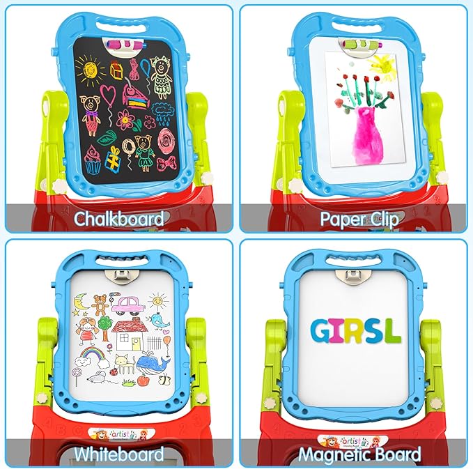 Kids Art Easel, Adjustable Drawing White Board & Chalk Board, Toddler Standing Easel with Painting Accessories, Gift for Girls Boy (Blue)