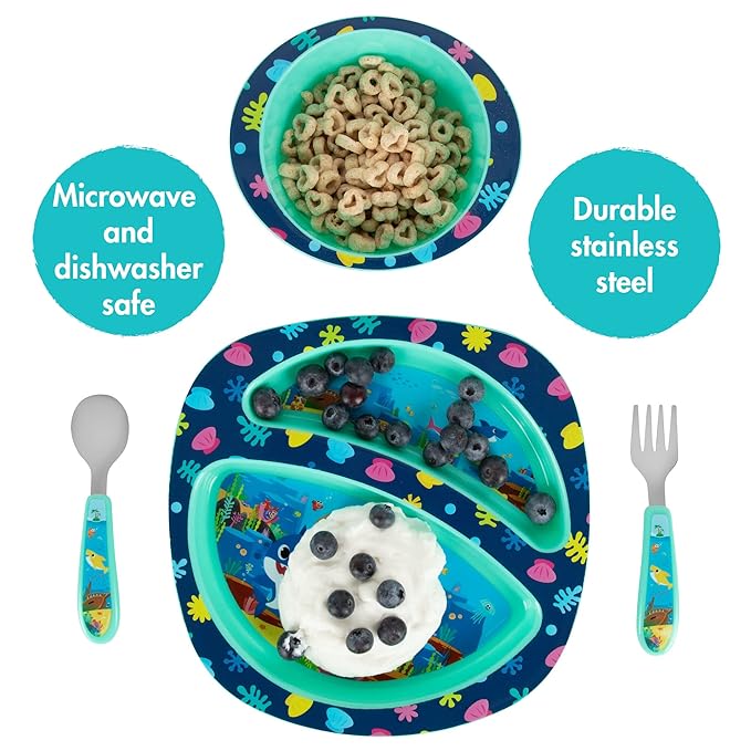 The First Years Baby Shark Dinnerware Set - Toddler Plates and Bowls Set - Includes 1 Toddler Plate, Toddler Bowl, and Toddler Fork and Spoon - 4 Count