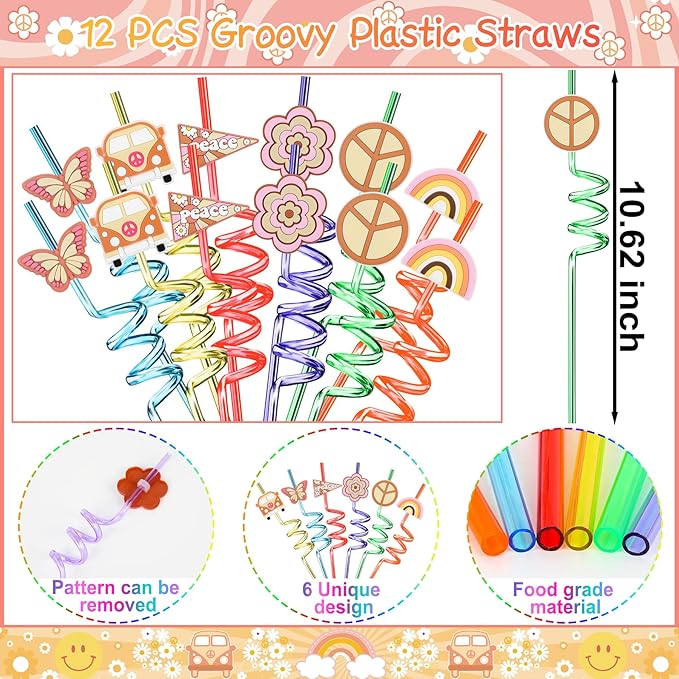 Groovy Party Favors 72 PCS Retro Boho Slap Bracelets DIY Stickers Temporary Tattoos Keychains Plastic Straws Gift Bags for Retro 60s 70s Boho Themed Birthday Party Baby Shower Classroom Rewards
