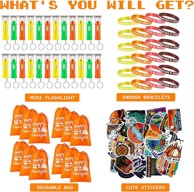 Camping Party Favors Camp Party Gifts Include Camping Themed Silicone Bracelet Mini Flashlight Keychain Assorted Camping Sticker and Gifts Drawstring Bags Camping Party Supplies for Kids (110 Pieces)