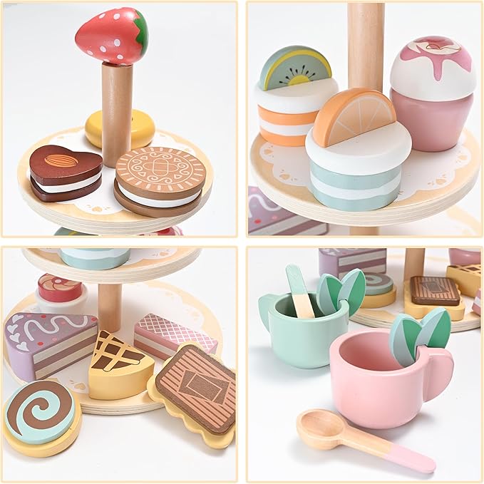 19pcs Wooden Tea Set for Little Girls, Toddler Tea Set Wooden Toys Play Kitchen Accessories with Cupcake Stand & Fake Dessert, Kids Tea Party Set Pretend Play Food Birthday Gift Playset