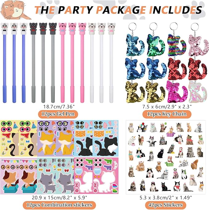 139PCS Cat Party Favors - 12 Cat Stickers 12 Slap Bracelets 12 Cat Ears Headband 12 Cat Animal Mini Notepad 12 Cat Face Pen 12 Cat Keychain 12 Cat Favor Bag 42 cat stickers for Cat Party Supplies