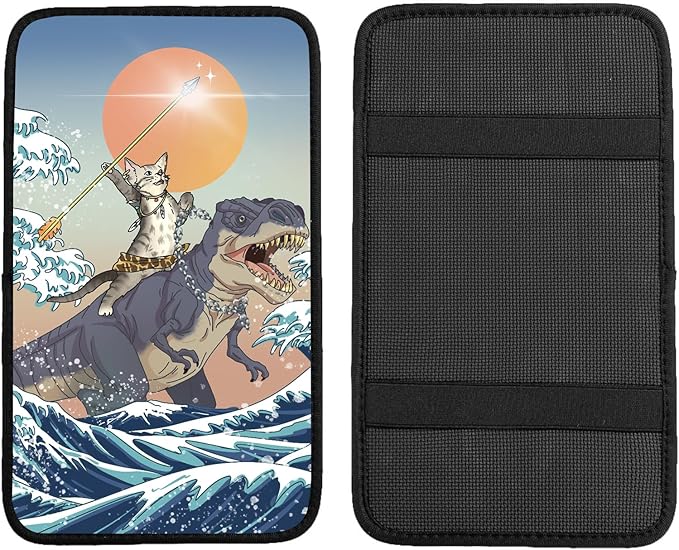 Cat and Dinosaur Car Center Console Cover,Car Armrest Pad Car Armrest Seat Box Cover Protector for Most Vehicle, SUV, Truck, Car