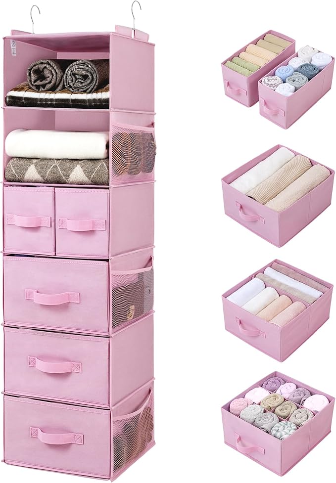 GRANNY SAYS Hanging Closet Organizers and Storage, 6 Shelves Closet Hanging Organizer with 6 Side Pockets, 5 Drawer Storage Organizer, Portable Hanging Shelves for Baby Closet, Pink Shelf