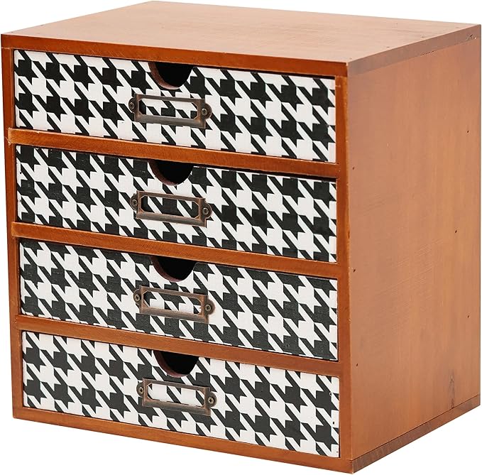 Houndstooth Pattern Wooden Desk Organizer - 4-Drawer Desktop Storage - Modern & Rustic Wood Cabinet for Office Supplies, Craft Tools, & Home Organization - Elegant Drawer Unit