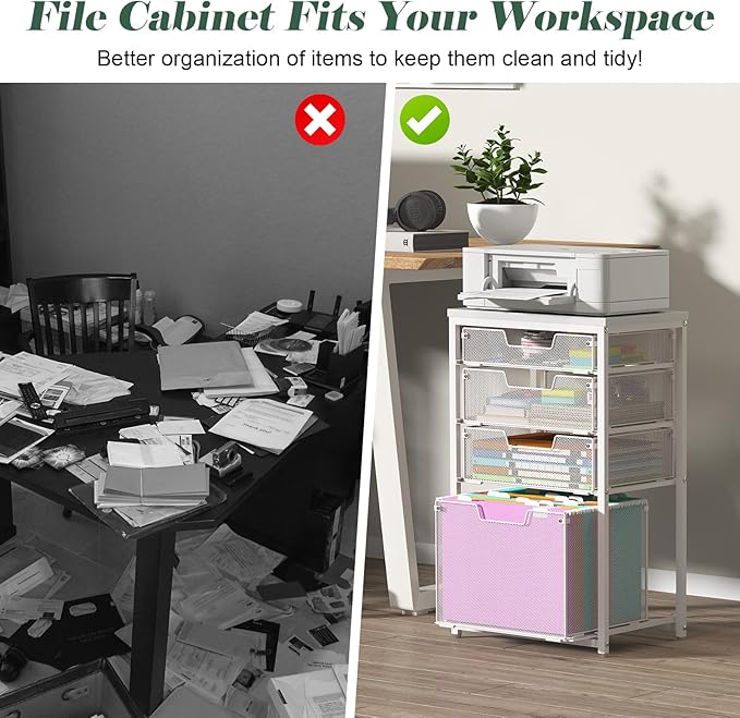 4 Drawer Rolling File Cart with Wheels, Mobile Filing Cabinet for Home Office, Hanging File Organizer, Under Desk Storage, Multifunctional Utility Cart Printer Stand, White (Patent Pending)