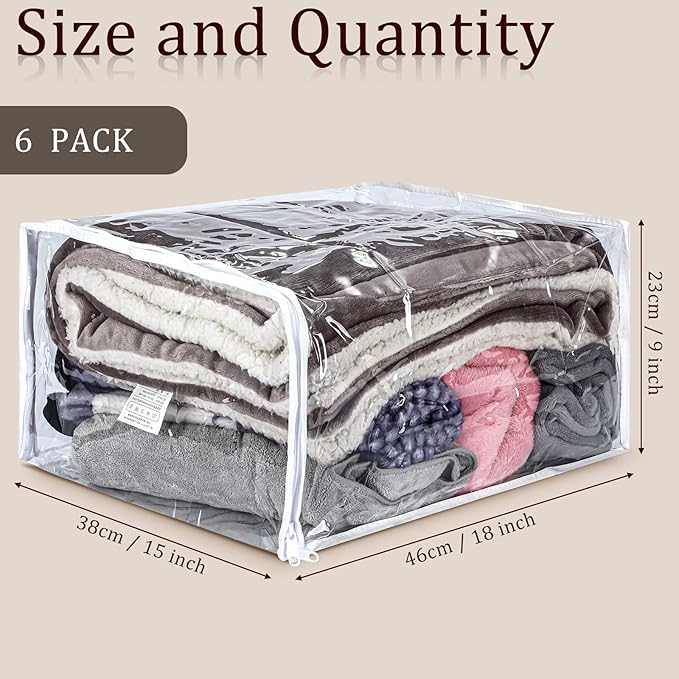 6 Packs Clear Zippered Storage Bags Sweater Moth Bags Plastic Storage for Blankets Clothes Bed Sheet Organizer with Zipper for Closet Linen Sweater Bed Sheet Clothes Pillow(18 x 15 x 9 Inch)