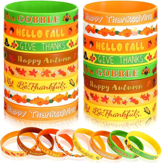 JUNEBRUSHS 24Pcs Thanksgiving Silicone Bracelets Rubber Wristbands Fall Party Favors for Kids Decorations for Autumn Thanksgiving Party Kids Stuffers Filler Accessories Gifts Supplies