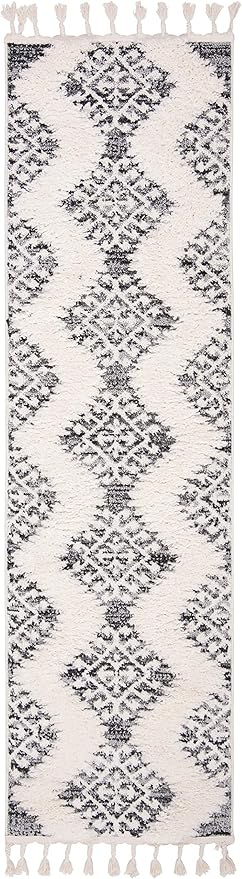SAFAVIEH Moroccan Tassel Shag Collection Runner Rug - 2'3" x 12', Ivory & Grey, Boho Design, Non-Shedding & Easy Care, 2-inch Thick Ideal for High Traffic Areas in Living Room, Bedroom (MTS652F)