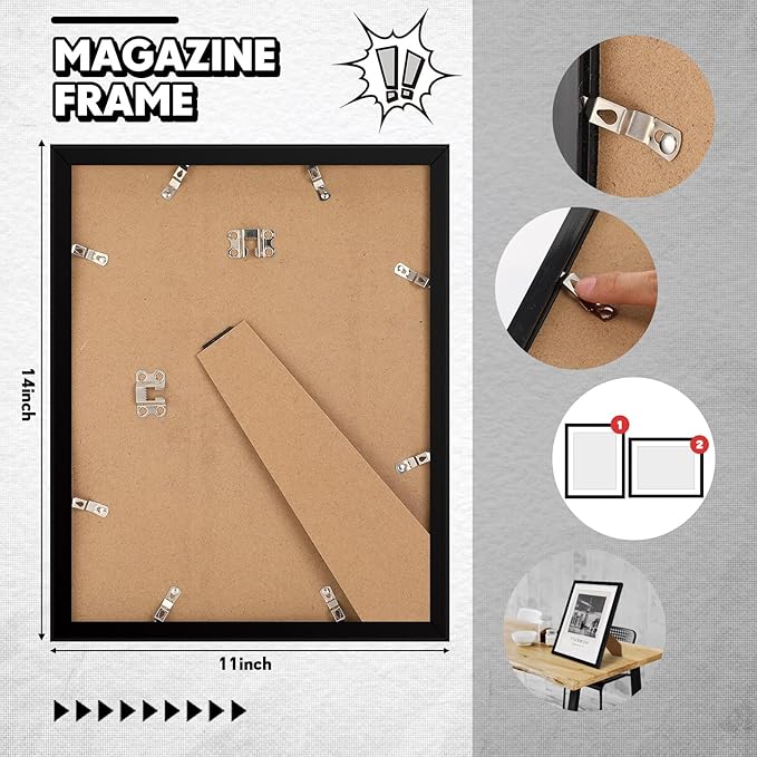 Geetery 4 Pcs Sports Magazine Frame for Wall Fits Measuring 8.5 x 11.25" Magazine Display Frame with Installed Hangers and Core Matting Plastic Comic Book Frames for Wall Hanging(Black , White Mat)