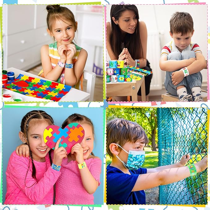 JUNEBRUSHS 56Pcs Autism Awareness Slap Bracelets, Colorful Puzzle Pieces Autism Bracelet Wristbands Inspirational Autism Awareness Accessories for Kids Teens Adult Motivational Gifts Party Supplies