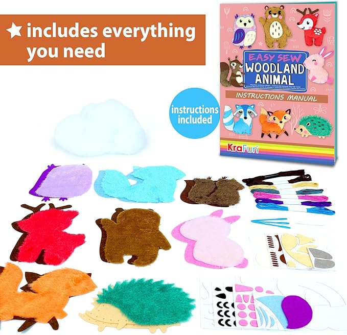 KRAFUN Easy Sewing Kit for Beginner Kids Arts & Crafts, 8 DIY Projects of Stuffed Dolls of Woodland Animals, Bear, Bunny, Fox, Owl, Instructions & Felt, Gift for Girls, Boys, Learn to Sew