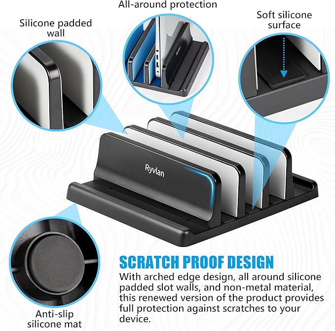 Ryvlan Vertical Laptop Stand, 3 Slot Adjustable Laptop Storage Rack and Desk Organizer, Silicone-Padded Holder for Multiple Devices Storage, Compatible Stand for Tablets and Devices up to 17 Inches
