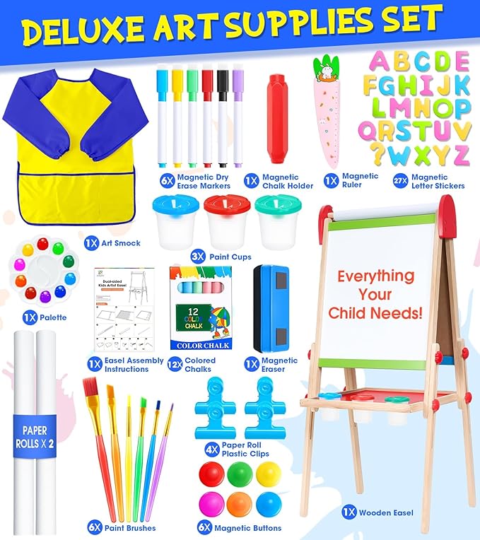 Art Easel for Kids, 3 in 1 Adjustable Double Sided Kids Easel with Magnetic Whiteboard, Chalkboard, 2 Paper Rolls and Accessories, All in One Wooden Toddler Easel, Art Easel for Kids Ages 2-4 4-8 8-12