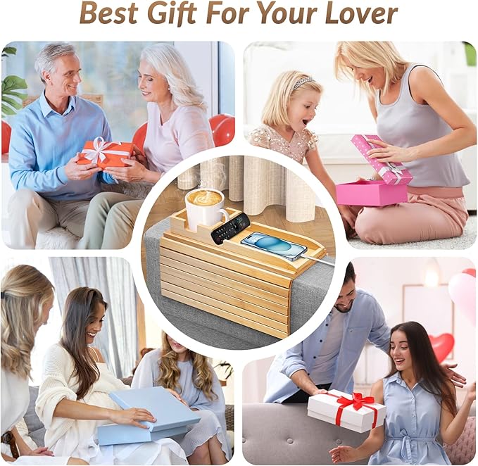 FUNKYLEE Bamboo Couch Armrest Table, Arm Tray with Removable Couch Cup Holder, 2 in 1 Design Foldable Anti-Slip Bamboo Sofa Arm Tray for Remote Controls, Phones, Cups and Snacks