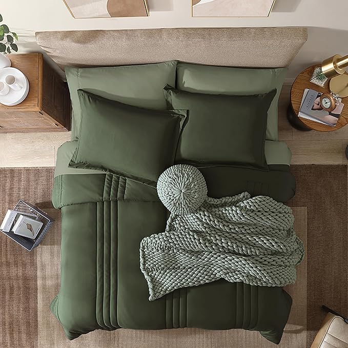 Monbix King Size Comforter Set - 7 Pieces Bed in a Bag King, Olive Green Bedding Sets with Comforter, All Seasons Comforter Bed Set with Sheets, Pillowcases & Shams