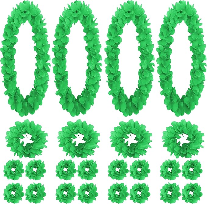 HOBBY HORSE 24 Pieces Hawaiian Luau Flower Leis Halloween Decor Leis Green Necklaces Bracelets Headband Anklets Set Tropical Party Favor for Halloween Cosplay Beach Wedding Birthday Party Supplies