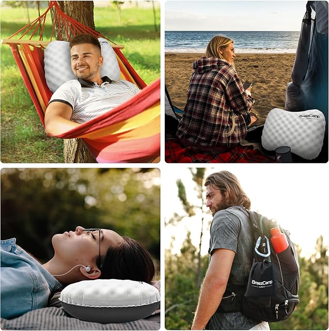 BreezCamp Camping Pillow with Soft Cover, Lightweight Inflatable Pillow for Neck Lumbar Support,Upgrade Backpacking Pillow,Washable Travel Air Pillows for Hiking, Backpacking, Airplane, Beach, White