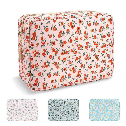 UIXIZQ Waterproof Large Floral Makeup Pouch,Nylon Travel Toiletry Storage Purse Preppy Cosmetic Bag for Women Girl,Large Capacity Makeup Organizer Zipper Pouch for Work(L Pink-Flowers)