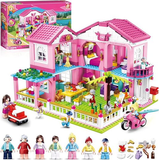 Sluban Friends Beach House Building Sets for Girls 6-12, Seaside Villa House Compatible with Lego Friends, Come with 7 Minifigures Dolls, Motorcycle and Kitchen Accessories, STEM Educational Toy