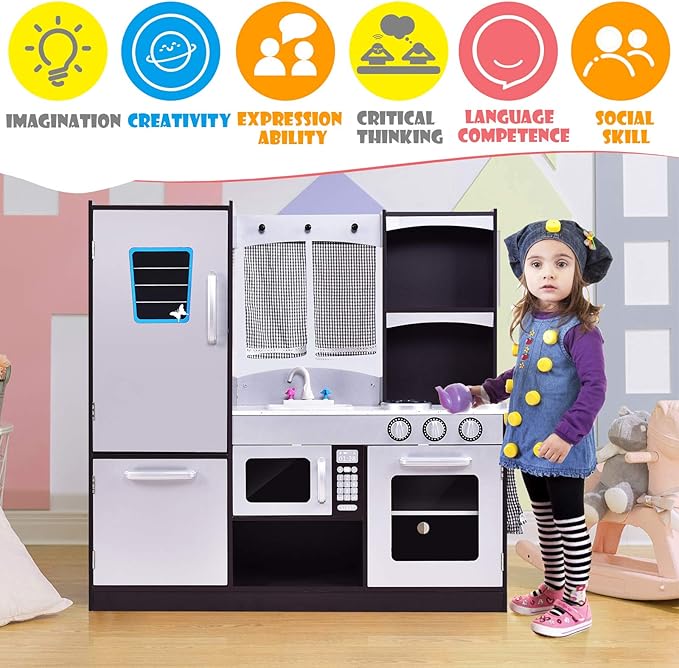ARLIME Kids Kitchen Playset, Wooden Toy Toddler Kitchen w/Sink, Stovetop, Microwave, Refrigerator, Large Cabinets, Pretend Play Kitchen for Boys Girls