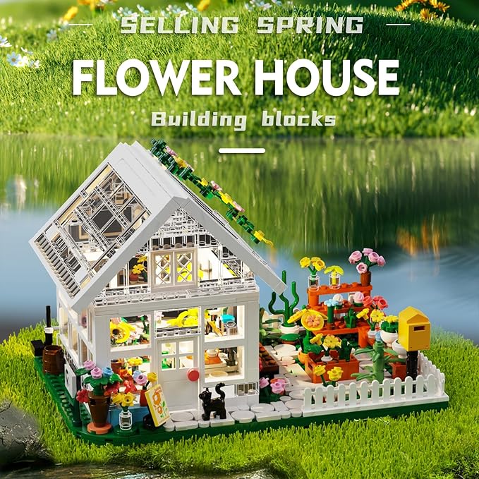 Flower House Building Mini Set with LED, City Street View Greenhouse Building Blocks Toy, Valentine Xmas Gift for Friends or Girls 8-12 Year