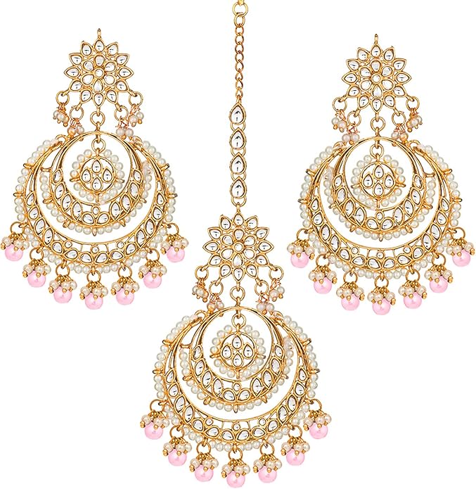 Aheli Bollywood Ethnic Chandbali Style Big Earrings Maang Tikka Set Traditional Fashion Jewelry Gift for Women