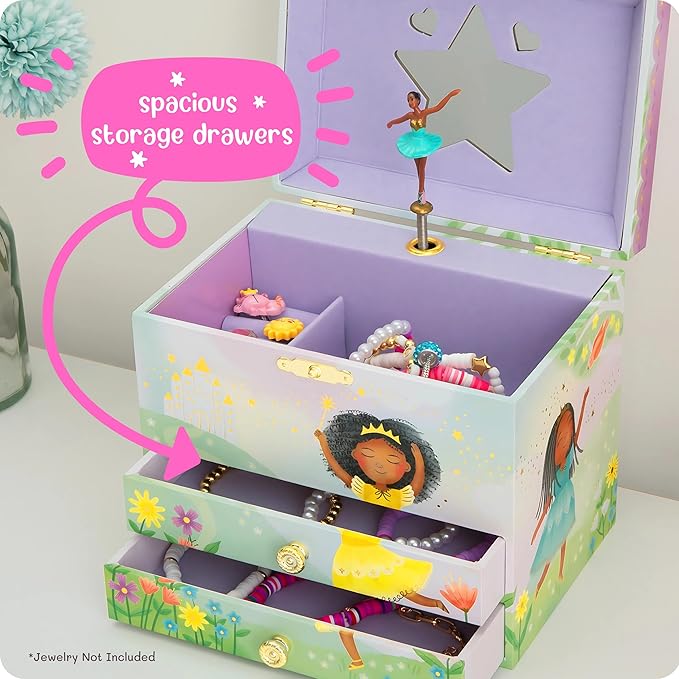 Giggle & Honey Musical Ballerina Jewelry Box for Girls - Kids Dancing Ballerina Music Box with Mirror, Black Ballerina Gifts for Little Girls, Childrens Birthday Gift, Ages 3-10