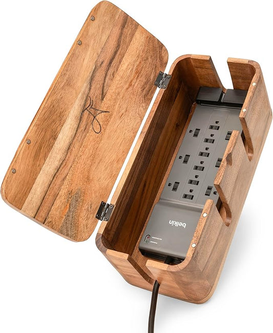 Cable Management Box & Cord Organizer- Cable Organizer for Desk, Home, Office. Hides Wires, Surge Protectors, Power Strips. Eco Friendly Mango Wood Cord Management Solution (Natural Acacia)