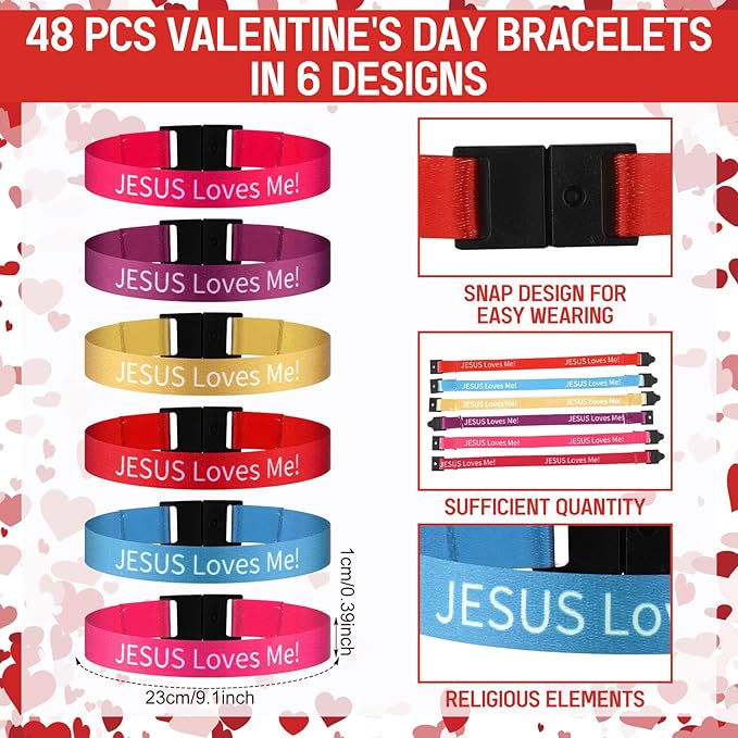 48 Sets Religious Valentine's Day Wristbands Jesus Loves Me Wristband Christian Valentine's Day Friendship Clasp Wristbands with Exchange Cards for Sunday Party Favor Prize