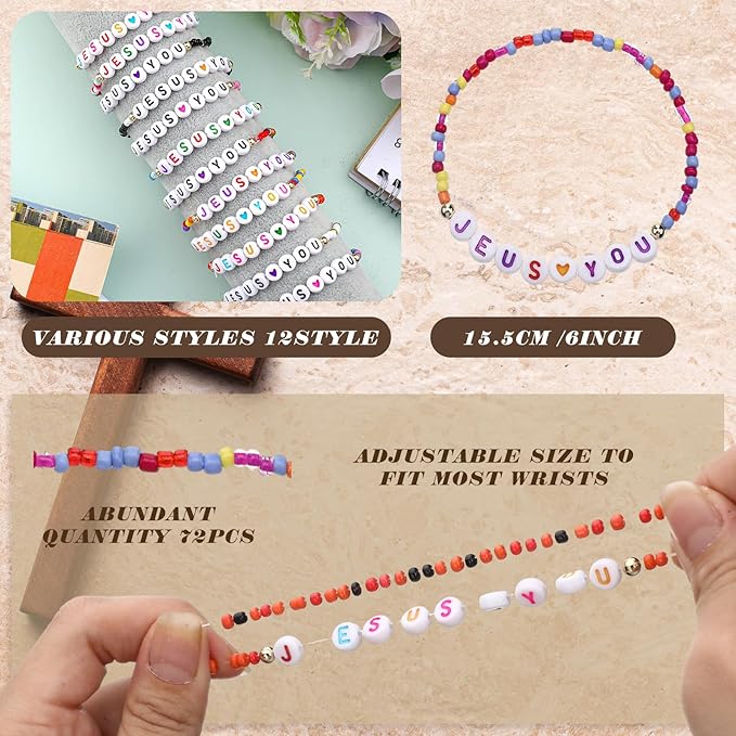 72 Pcs WWJD Bracelets Jesus You Christian Bracelets Bulk, Beaded Friendship Bracelet for Women Kid Colorful Religious Bracelets Inspirational Reminder Jewelry Gift(Jesus)