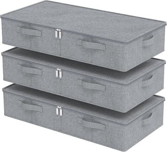 Underbed Storage Box, Foldable Under Bed Bins Container, Organizer Baskets with Lid for Organizing Clothes, Sheets, Pillows, Comforter, 31.4x15.7x5.9in, Grey, 3 Pack