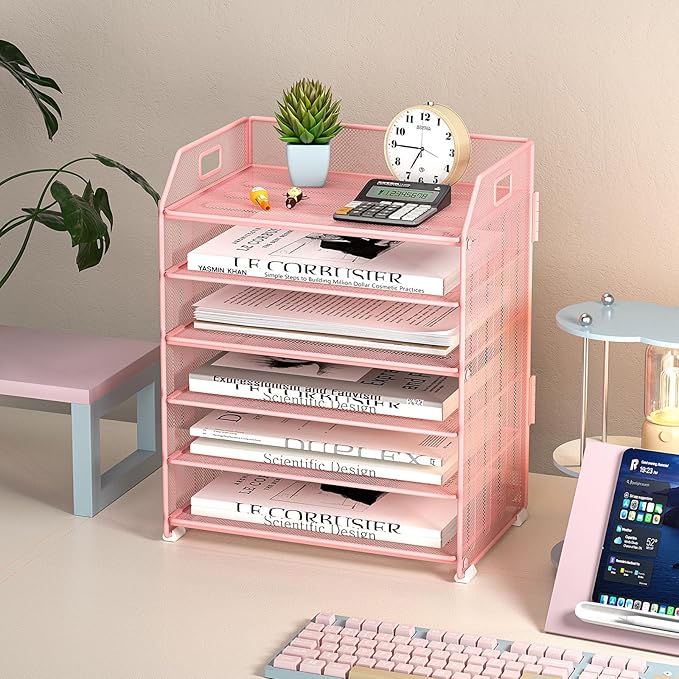 6 Tier Desk Organizer, Heavy-Duty Thick Metal Letter Tray Organizer, Large Capacity Desktop File Organizer for Heavy Files, Easy to Assemble for Home, Office & Classroom,Black,Pink