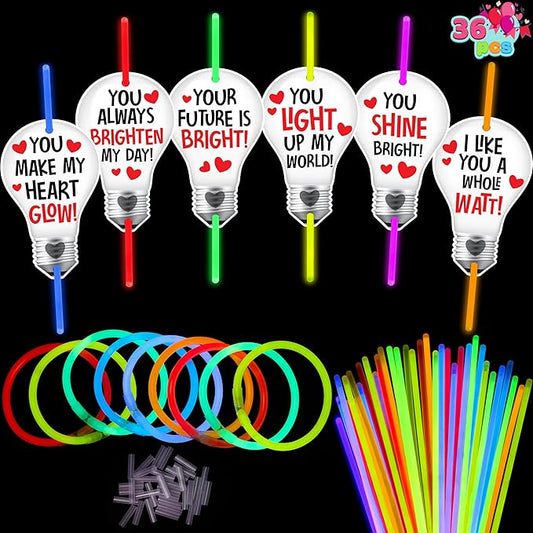 JOYIN 36 Packs Neon Valentines Day Gift Bulb Cards with Glow Sticks, Glow Necklaces for Valentine's Party Favor, Valentine Classroom Exchange Cards, Valentine School Prize