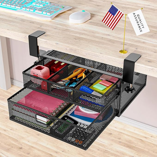 Under Desk Drawer Organizer No Drilling 2 Slide Out Drawer Under Desk Storage Drawer Clamp On Under Desk Management Drawer Organizer Suitable for Home and Office | No Drilling, Clamp On, Organizer