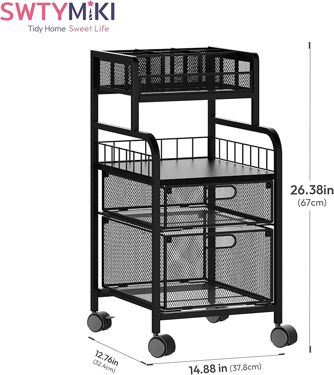 SWTYMIKI Rolling Cart with Drawers - Metal Utility Cart with Wood Shelf, DIY Divider and Locking Wheels, Craft & Art Cart Organizer for Under Desk Storage for Home Office Studio, Black