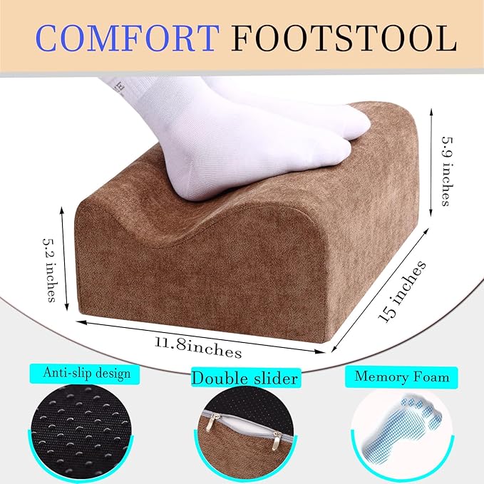 Foot Rest for Under Desk at Work, Ergonomic Under Desk Footrest with Washable Cover, Memory Foam Foot Stool for Office Chair & Gaming Chair, Back & Hip Pain Relief, Brown