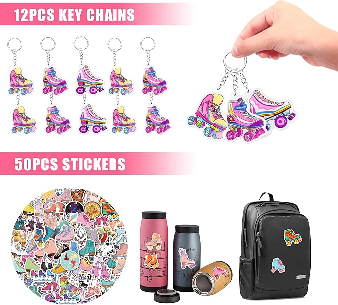 122 PCS Roller Skate Party Favors Skating Party Supplies with Key Chains Button Pins Stickers Rubber Bracelets for Hip Hop Disco 80s 90s Themed Party (style 2)