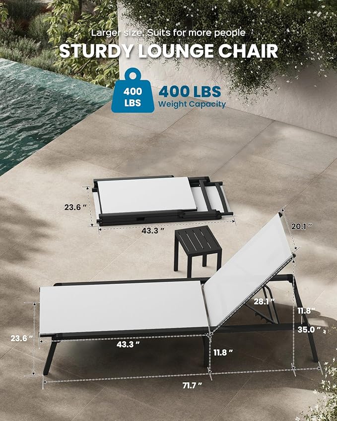 Aluminum Lounge Chair Outdoor, Foldable Pool Lounge Chairs with 5 Positions Recliner - No Assembly - Patio Chaise Lounge Chair for Outside, Poolside (White)