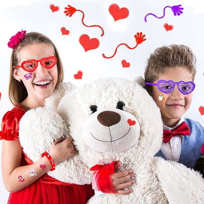 234 Pack Valentine's Day Party Favors Supplies Gift Exchage Cards Heart Glasses Bracelets Heart Stickers Stamper Sticky Hands Tattoo Bulk for Kids School Classroom Rewards Prizes Birthday Goodie Bags